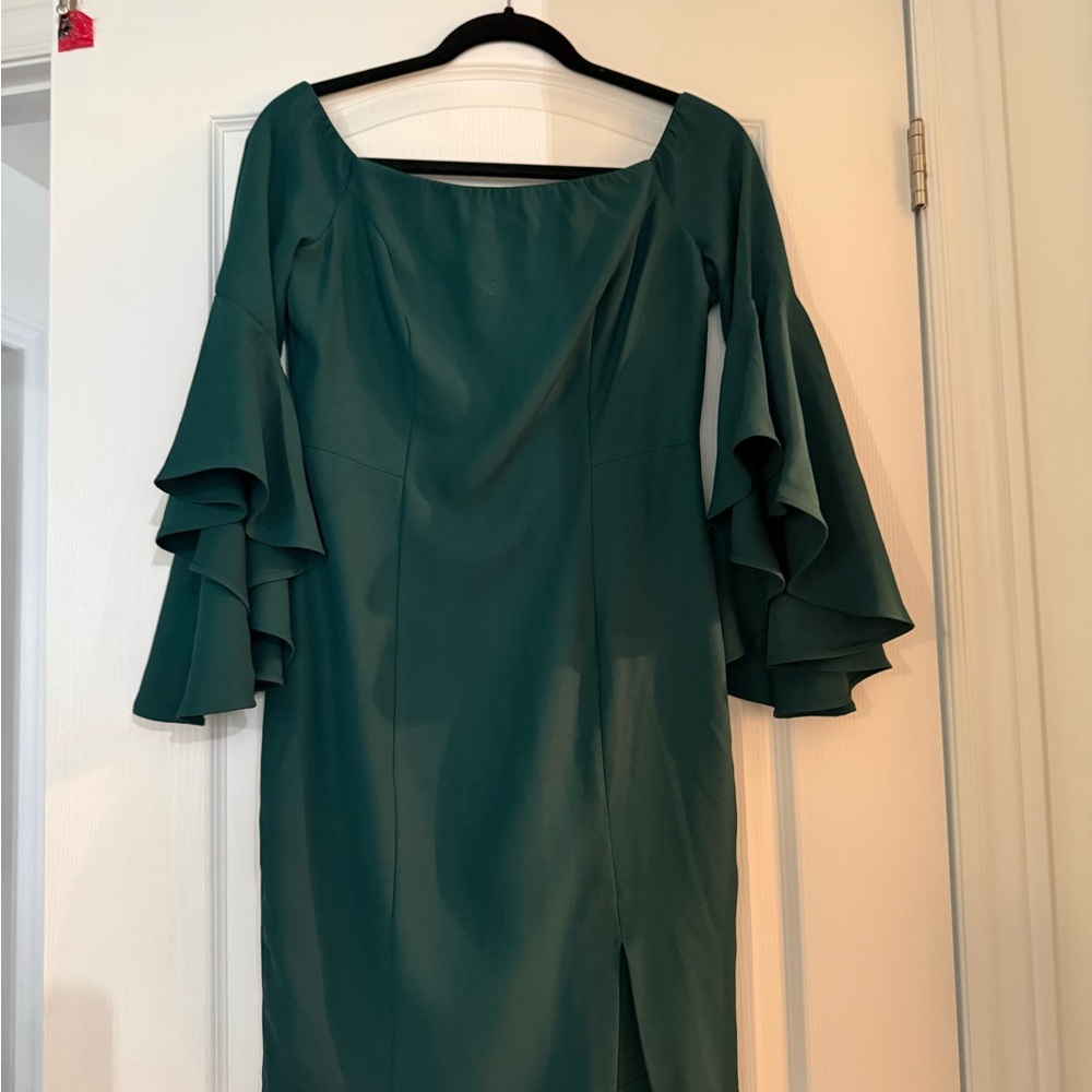 VENUS Teal Long Sleeve Dress with Ruffles